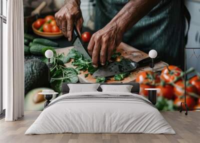 Healthy Cooking: Hands Preparing Fresh Vegetables in a Modern Kitchen Setting Wall mural