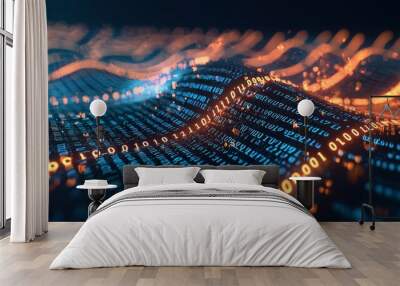 High-Fidelity 3D Wave of Binary Numbers Technology Background for Digital Art and Design Wall mural