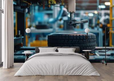 Industrial Tire Assembly Process: Close-Up View of Machinery and Tools in a Manufacturing Factory Wall mural