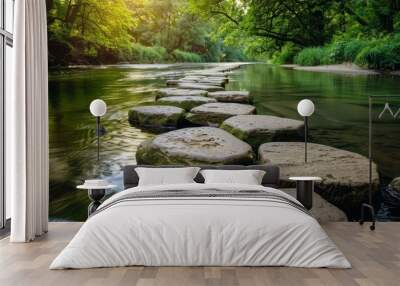 Journey to Success: Stepping Stones Across a Serene River Towards Lush Greenery Wall mural