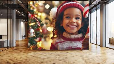 Joyful Child with Candy Cane in Front of Decorated Christmas Tree, Capturing Holiday Cheer Wall mural