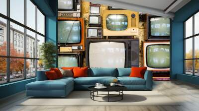 Many old televisions bundled together. A wall of old vintage tube televisions Wall mural