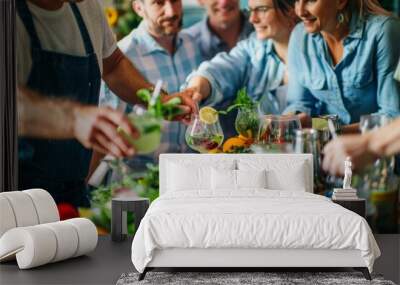 Middle-Aged Friends Enjoying a Fun Cocktail-Making Class with Fresh Ingredients Wall mural