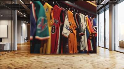 Nostalgic Display of Various Basketball Team Jerseys in Locker Room Wall mural