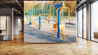 Outdoor gym in the public garden. Outdoor fitness equipment in public park. Sports simulators in the park Wall mural