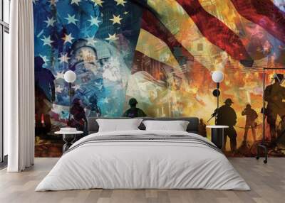 Patriot Day Tribute Banner: Honoring Bravery of Soldiers, Firefighters, and Police Officers Wall mural