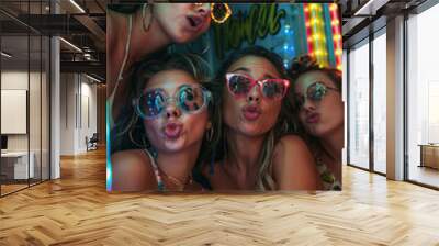 Retro 90s Photo Booth Fun with Friends and Neon Signs for Party Poster Design Wall mural