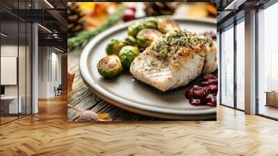 Rustic Autumn Meal with Herb-Crusted Fish, Roasted Brussels Sprouts, and Cranberry Compote Wall mural