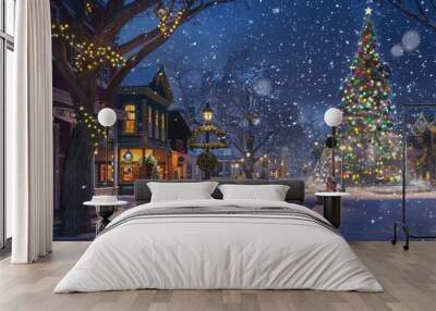 Serene Snowy Night with Decorated Christmas Tree in a Festively Lit Town Square Wall mural