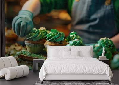 St. Patrick's Day Bakery Display with Shamrock Green Cupcakes and Irish Pastries Wall mural