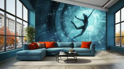 Surreal Cybernetic Tunnel with Floating Human Silhouette Wall mural