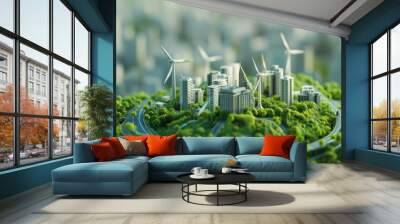 Sustainable Urban Development Concept with Wind Turbines and Green Architecture - Technological Innovation for Renewable Energy Wall mural