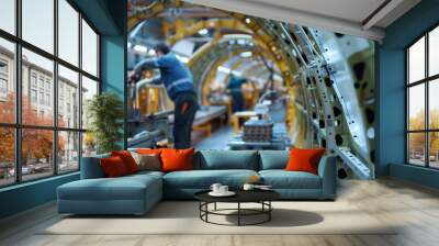 Technicians Operating Automated Machinery in Aircraft Fuselage Production Facility Wall mural