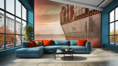 Vast Container Ship Navigating Ocean Waters at Sunset - Cargo, Shipping, Maritime Transport, Tranquil Evening Scene Wall mural