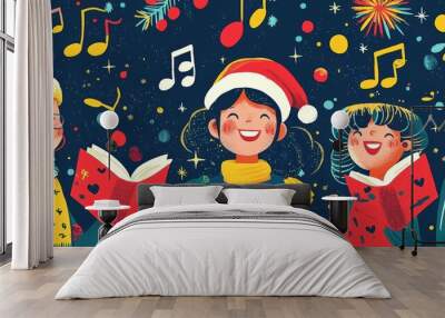 Vibrant Christmas Caroling Poster with Cheerful Illustrations of Singers and Festive Musical Notes Wall mural