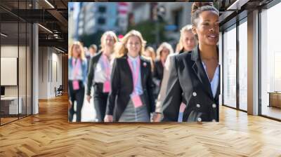 Women in Business Attire Walking in City to Raise Breast Cancer Awareness with Pink Ribbons Wall mural