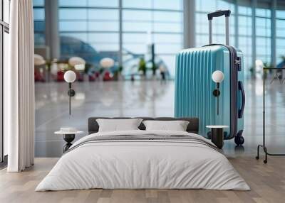 Travel luggage blue suitcase at the airport. Wall mural