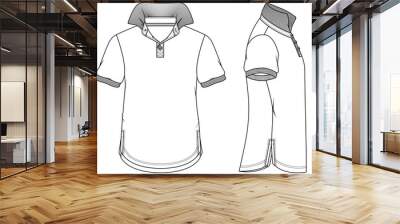 polo t shirt with curved hem fashion flat sketch vector illustration. front and side view technical drawing template. Wall mural