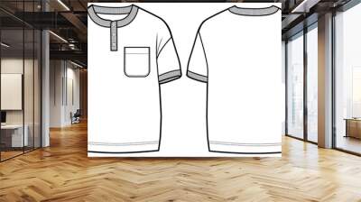 toddler boys short sleeve henley t shirt baby boys plain tees top with one pocket front and back view technical drawing flat sketch vector illustration template. cad mockup. Wall mural