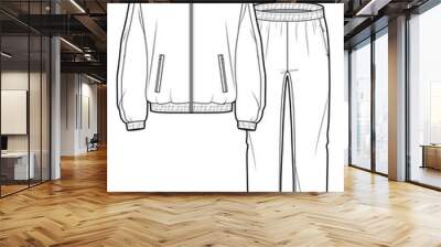 training tracksuit full zip long sleeve jacket and pants running jogging athletic sports wear set flat sketch vector illustration technical cad drawing template Wall mural