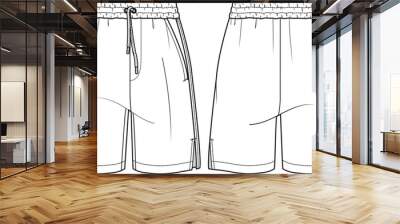 unisex basket ball shorts flat sketch vector illustration front and back view technical cad drawing template Wall mural