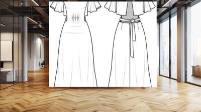 womens short sleeve square neck open back maxi dress flat sketch vector illustration front and back view technical cad drawing template Wall mural