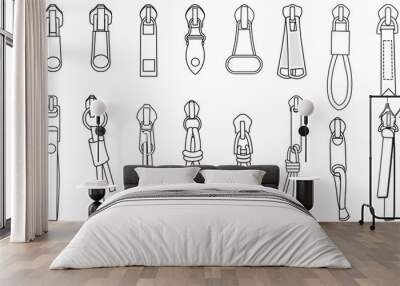 zipper pullers vector illustration zip heads, zipper sliders flat sketch Wall mural