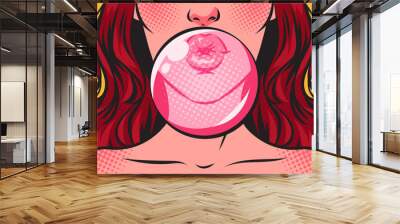 Close-up of a woman's face lips blowing bubble with a pink bubble gum. Pop art comic vector illustration. Wall mural