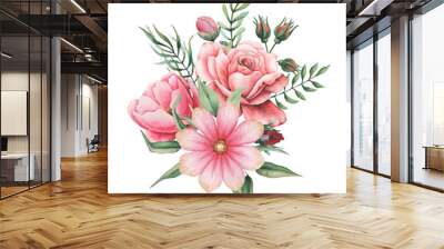 Watercolor invitation design with bouquet of flowers, Hand painted floral compositions isolated on white background Wall mural