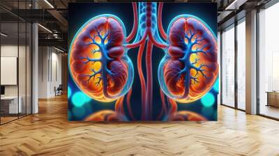 A holographic representation of the kidneys within the human body, showcasing their intricate structure and function Wall mural