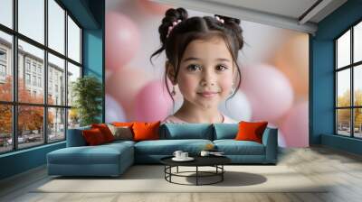 Adorable Little Girl with Pink Balloons and Hair Bows Wall mural