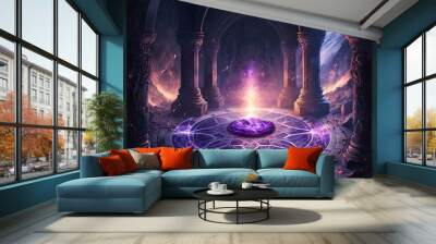 There is a room made of stone, and white purple flames on a shining magic circle is drawn on the floor. midnight, epic lights Wall mural