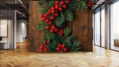  Christmas Evergreen Branches and Berries Over Rustic Wood Background Wall mural