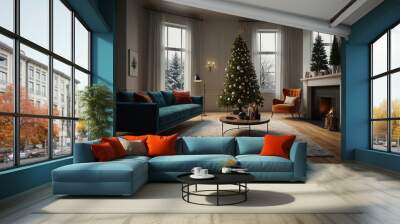 A Minimalist Living Room with a Christmas tree Wall mural