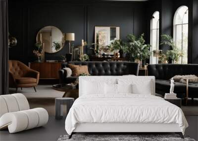 A roomy living room furnished with fashionable furniture offers the ideal fusion of modern and vintage. In front of a plush black tufted sofa, a striking coffee table creates a gorgeous focal point. Wall mural