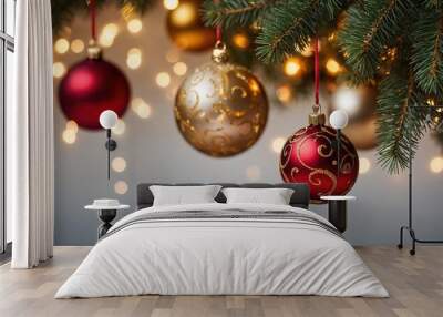 Bauble mockup red gold Christmas ornaments decoration Wall mural