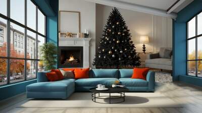 Black christmas tree in classic room, blank white wall, gifts Wall mural