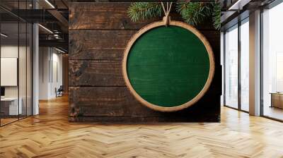 Blank empty round wood signs on green christmas tree branch, rustic wooden sign christmas mockup Wall mural