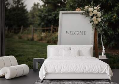 blank white welcome sign on an easel for a modern boho wedding - mockup template Wall mural