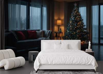 Calm image of interior modern home living room decorated christmas tree and gifts, sofa, table covered with blanket Wall mural