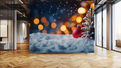 Christmas background. Xmas tree with snow decorated with garland lights, holiday festive background. Widescreen frame backdrop. New year Winter art design, Christmas scene wide screen holiday border Wall mural