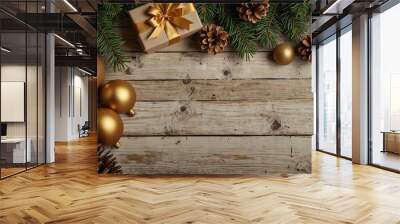 Christmas composition. Christmas fir tree branches, gifts, pine cones on wooden white rustic background. Flat lay, top view Wall mural