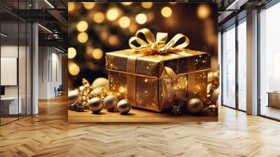 Christmas gift box and trinkets on a background of unfocused golden lights Wall mural