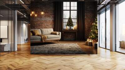 Christmas interior. Living room in loft style with a brick wall and a sofa, with a large decorated Christmas tree, beautifully decorated for the holiday of Christmas or New year  Wall mural