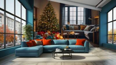 Christmas tree in cozy living room with gifts and decorations Wall mural