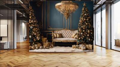 Classic christmas New Year decorated interior room New year tree. Christmas tree with gold decorations Wall mural