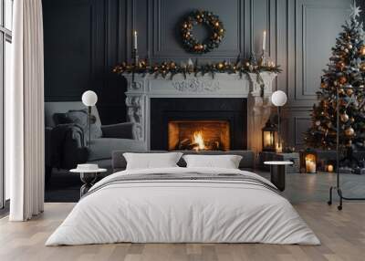 Classic white christmas interior with new year tree decorated. Fireplace with grey chair, clocks on the wall Wall mural