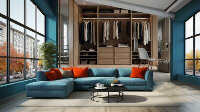 luxury scandinavian wood walk in closet with wardrobe Wall mural