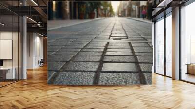 Outdoor mockup of a blank information poster on patterned paving-stone; an empty vertical street banner template in an alley, billboard placeholder mock-up on a city boulevard in an alleyway outdoors Wall mural