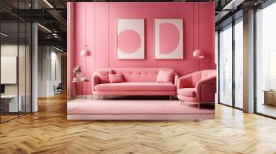 Pink sofa and chair near wall with two art poster mock up frames. Postmodern memphis style interior design of modern living room Wall mural